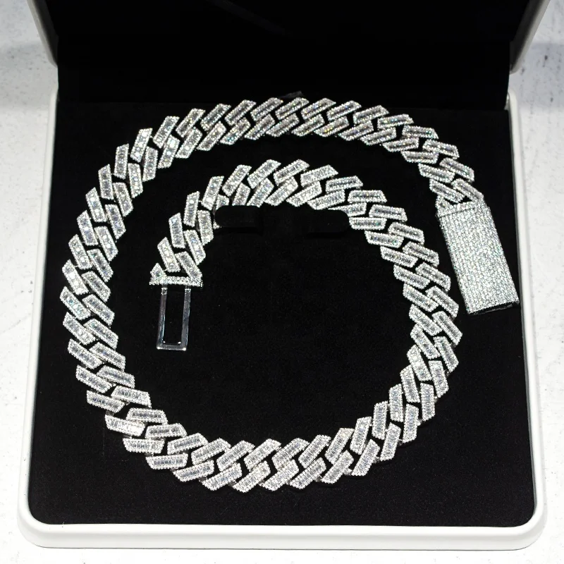 20MM Hip Hop Jewelry 925 Sterling Silver Gold Plated baguette Cuban Chain Moissanite Cuban link Chain Necklace image 4