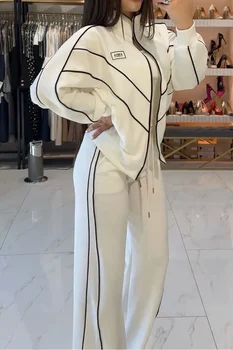 ผู้หญิงแฟชั่นเอวยางยืดลูกไม้ขึ้นแข็งชุดกีฬาลําลองแขนยาวหลวม 2 ชิ้นชุดหรูหราซิปเสื้อยืดและกางเกงยาวสูท