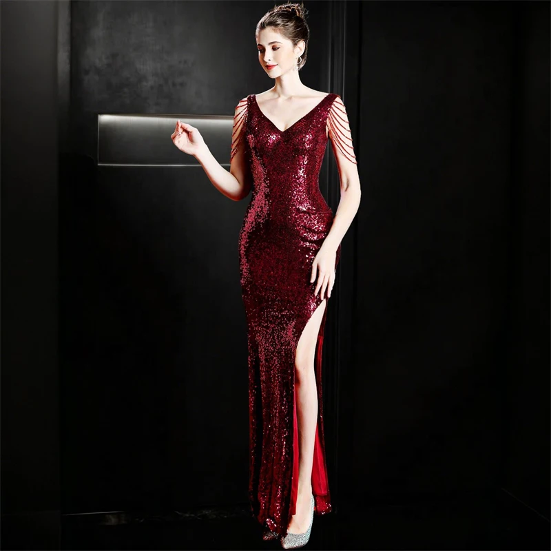 Hochwertiges Damen-Abendkleid mit Pailletten, Meerjungfrauen-Schnitt, V-Ausschnitt, rückenfrei, bodenlang, glitzernd, französisch-elegantes Bankett-Party-Festkleid – Detail 2