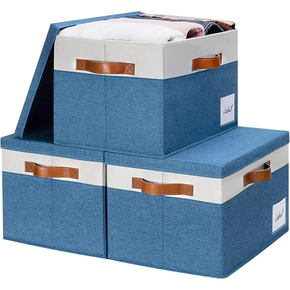 

Fabric Storage Bins with Lids (3 Pack), Large Closet Storage Baskets with Lid and 3 PU Handles, Foldable Fabric Storage Boxes wi