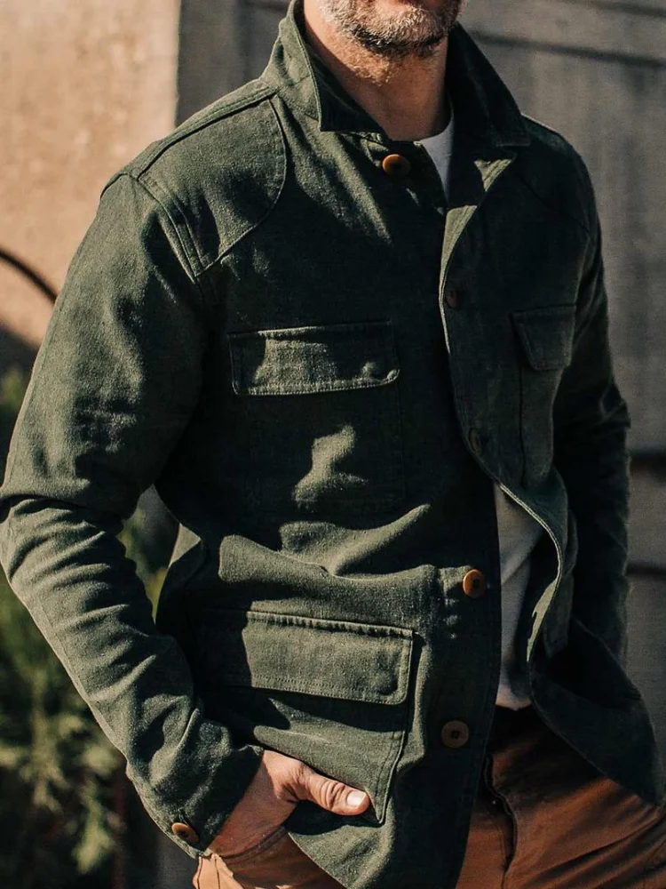 Men Vintage Army Green Multi Pocket Tactical Field Jacket Lapel Work Outerwear