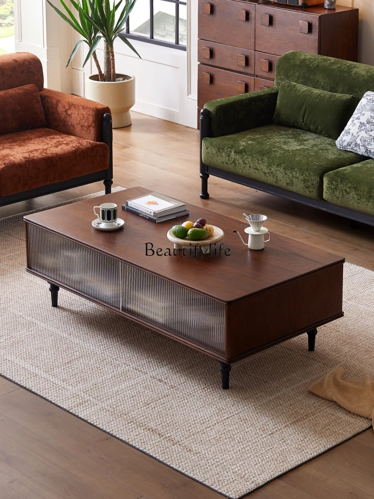 

Medieval solid wood coffee table French retro household rectangular glass low table
