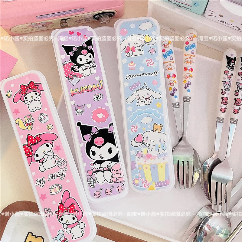 2/3PCS Kawaii Sanrio My Melody Cinnamoroll Kuromi Cutlery Set Cartoon Chopsticks Spoon Fork Set Portable Tableware Storage Box