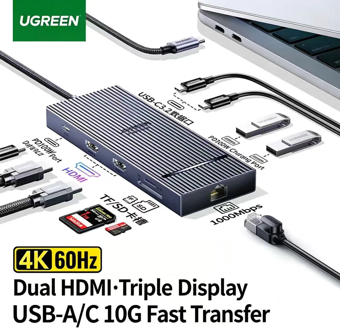 UGREEN 10-in-1 USB-C Docking Station Thunderbolt 4 5 Dual HDMI 4K60Hz Triple Display 10Gbps PD100W Gigabit Ethernet