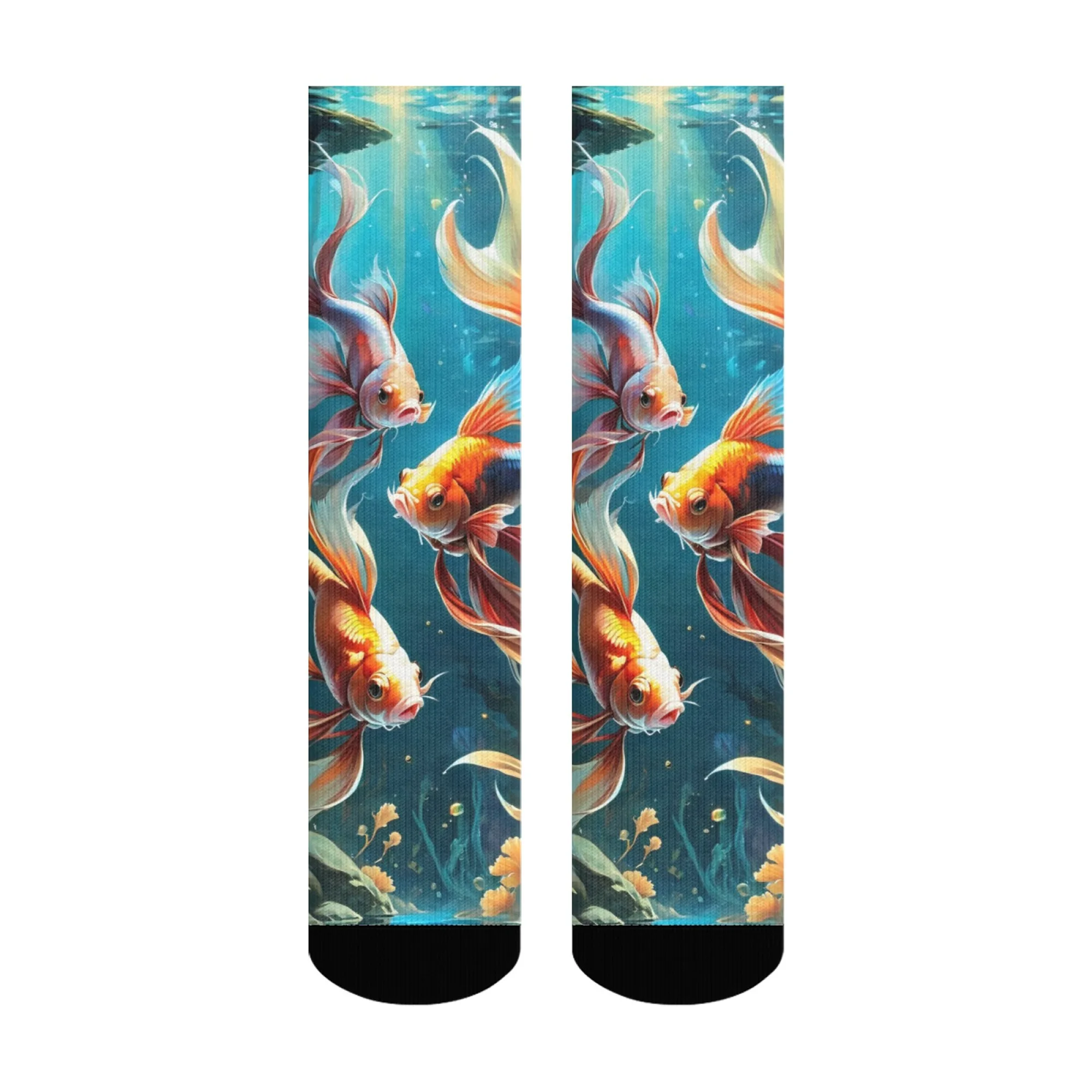 Unique Trendy Golden Fish Men's Crew Socks Hip Hop Street Style Aquatic Print Perfect Gift for Outdoors Enthusiasts & Pop Fans