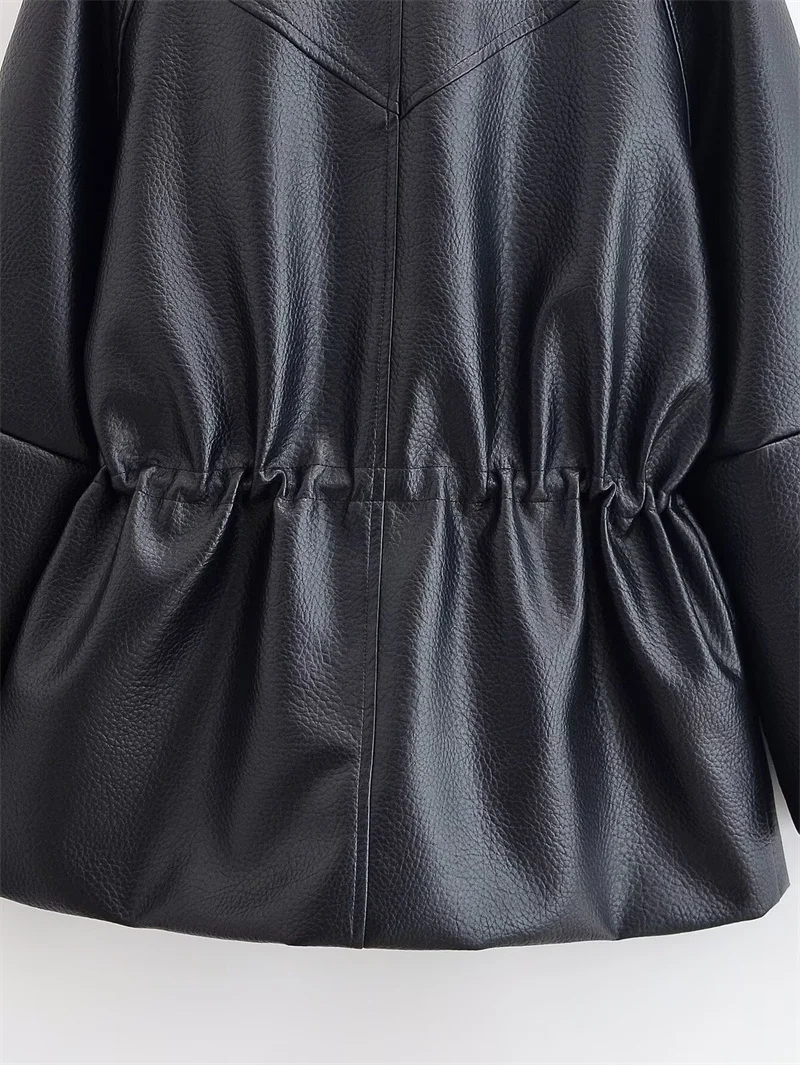 Giacca da donna in pelle nera da strada colletto alla coreana manica lunga cerniera in vita tasche chiuse cappotto femminile moda capispalla da donna nuovo