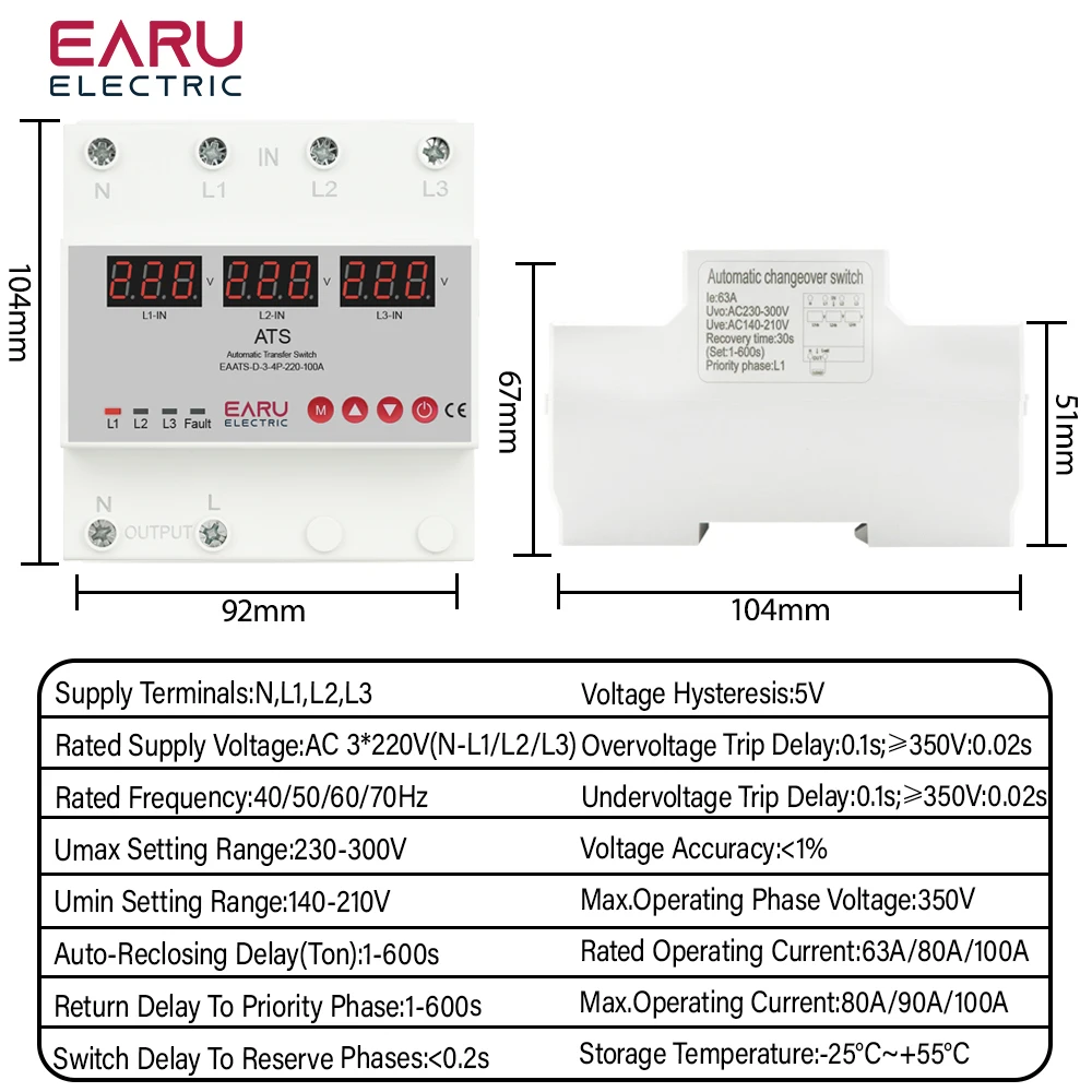 63A 100A 3 Phase 3P+N Over Under Voltage Protector ATS Automatic Transfer Switch Phase Selector Uninterrupted Power Over Current