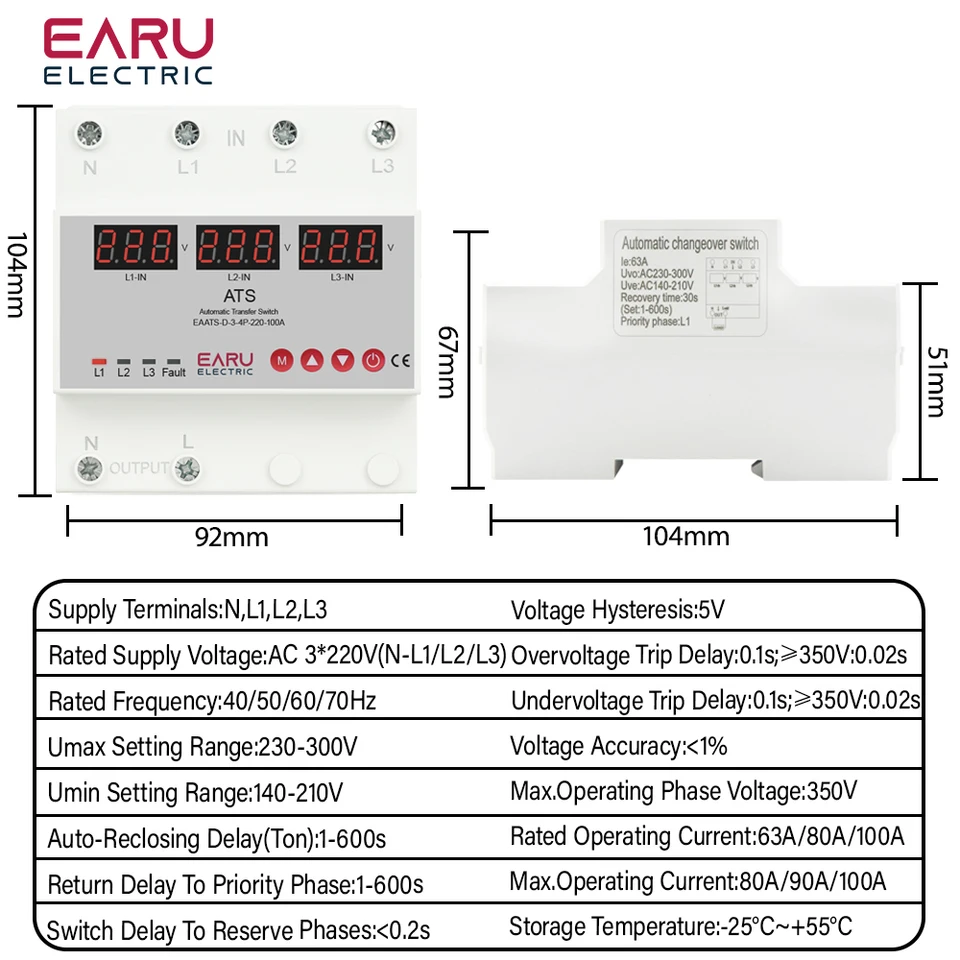 OELFFOW 4P 63A 110V ATS Interruptor de transferencia autoática con L1