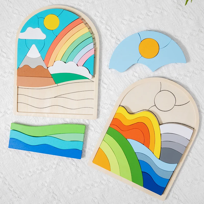 Wooden 3D creative puzzle, three-dimensional shaped blocks, rainbow/hill/flower scenes, Montessori Early Learning 2-6 years old
