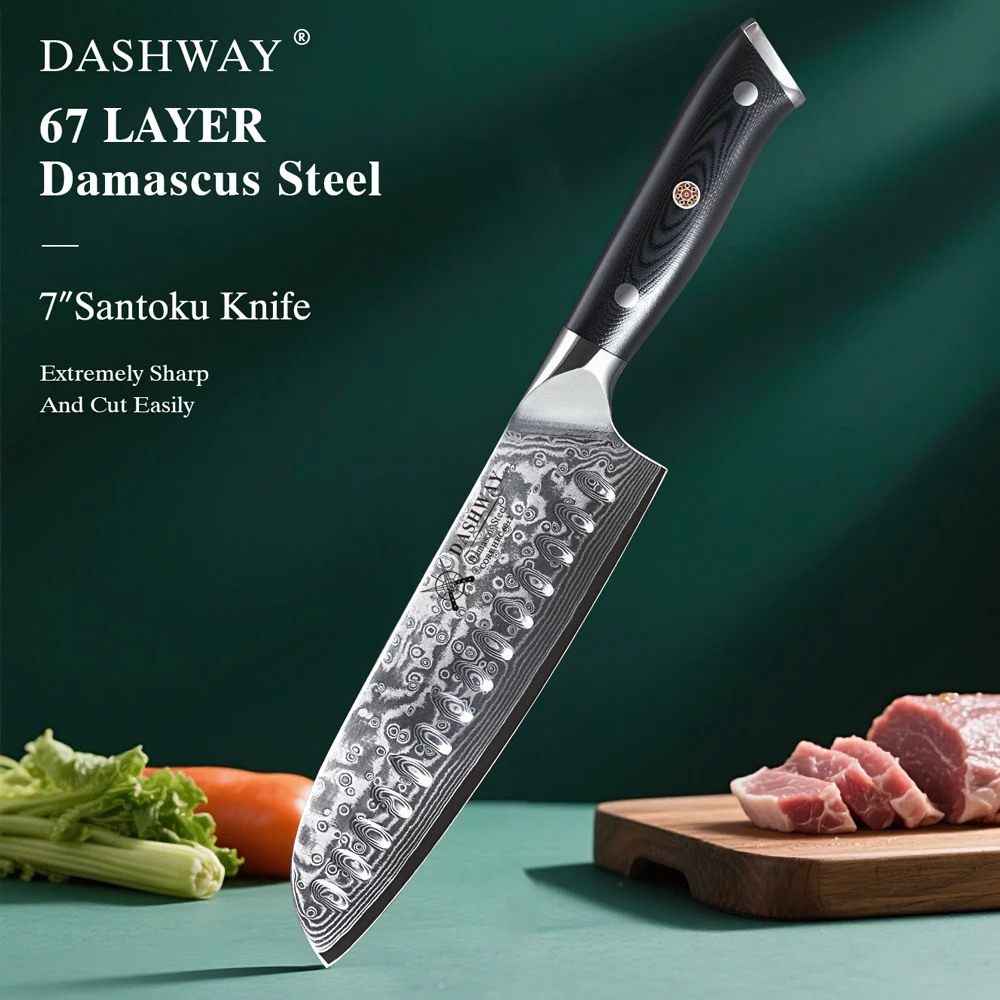 

DASHWAY 7" Japanese Santoku Knife 67 Layer Damascus Steel Professional Chef Knife Slicer Meat Cleaver Beef Kitchen Cooking Tools