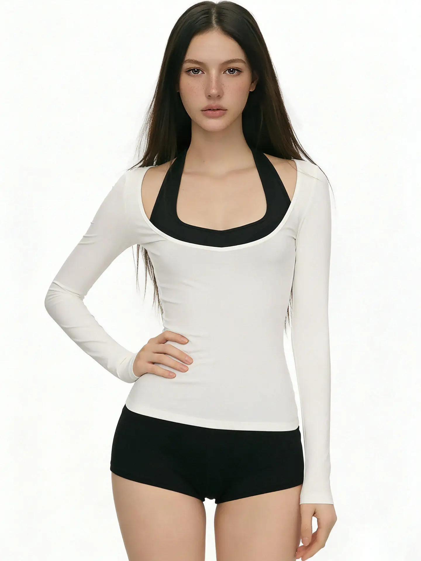 

Fff American Sports Color Blo Belted Slim Jumpsuit Long Sve T-irt Top Two Piece Set Women's Casual Sportswear