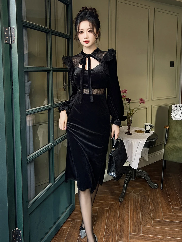 Robe longue en velours extensible pour femmes, Chic, élégante, Vintage, Sexy, ajourée, moulante, printemps automne