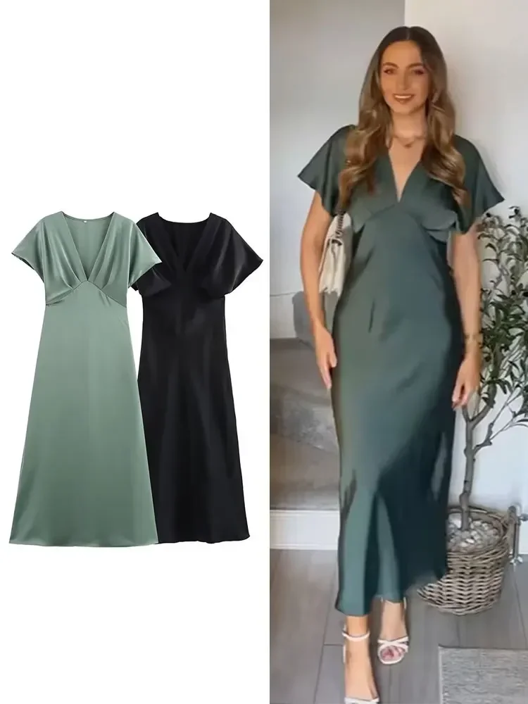HH 여성 우아한 솔리드 새틴 드레스 섹시한 V넥 반팔 미디 드레스 2025 신상 여름 여성 휴가 파티 드레스