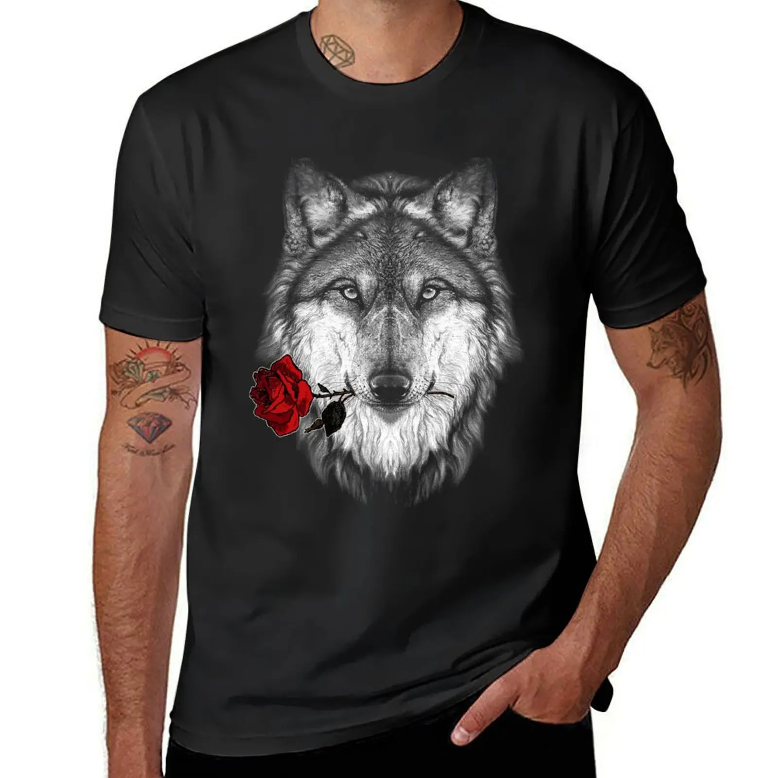 

Wolf and Rose T-Shirt graphics kawaii clothes customizeds men clothings