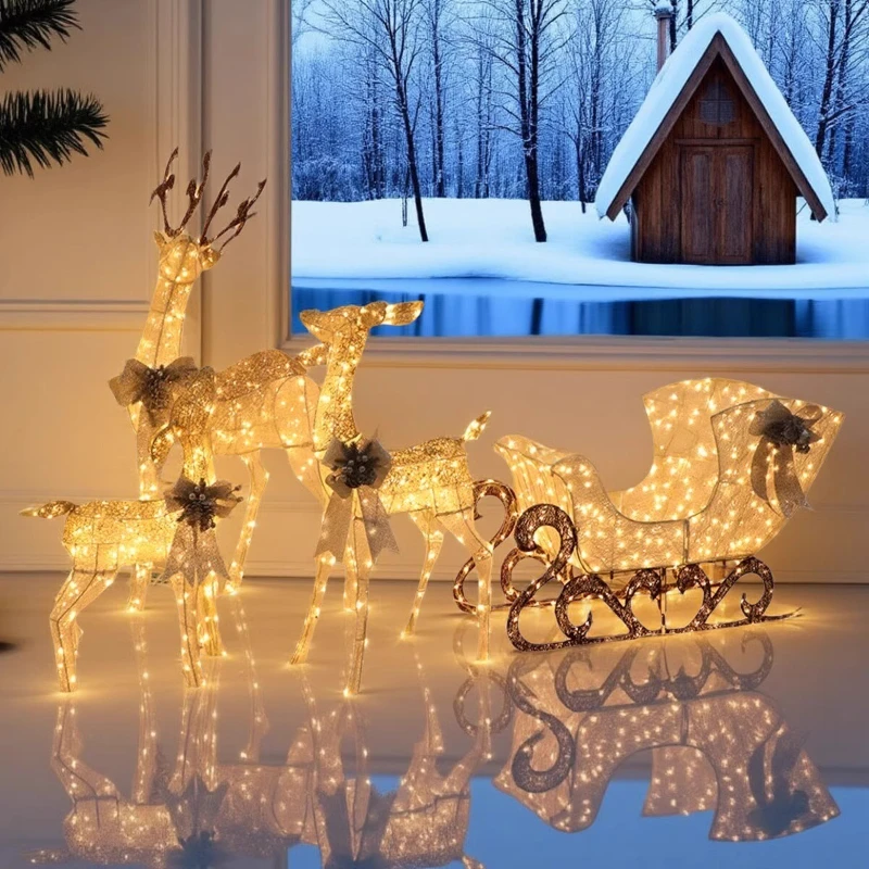 

Christmas glowing elk pulling car wrought iron Santa decoration large ornament sleigh car decoration scene arrangement