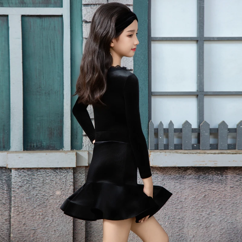 2025 nouvelle tenue de spectacle de danse latine à manches longues costume de danse noir enfant vêtements de compétition professionnelle vêtements de danse latine 2811