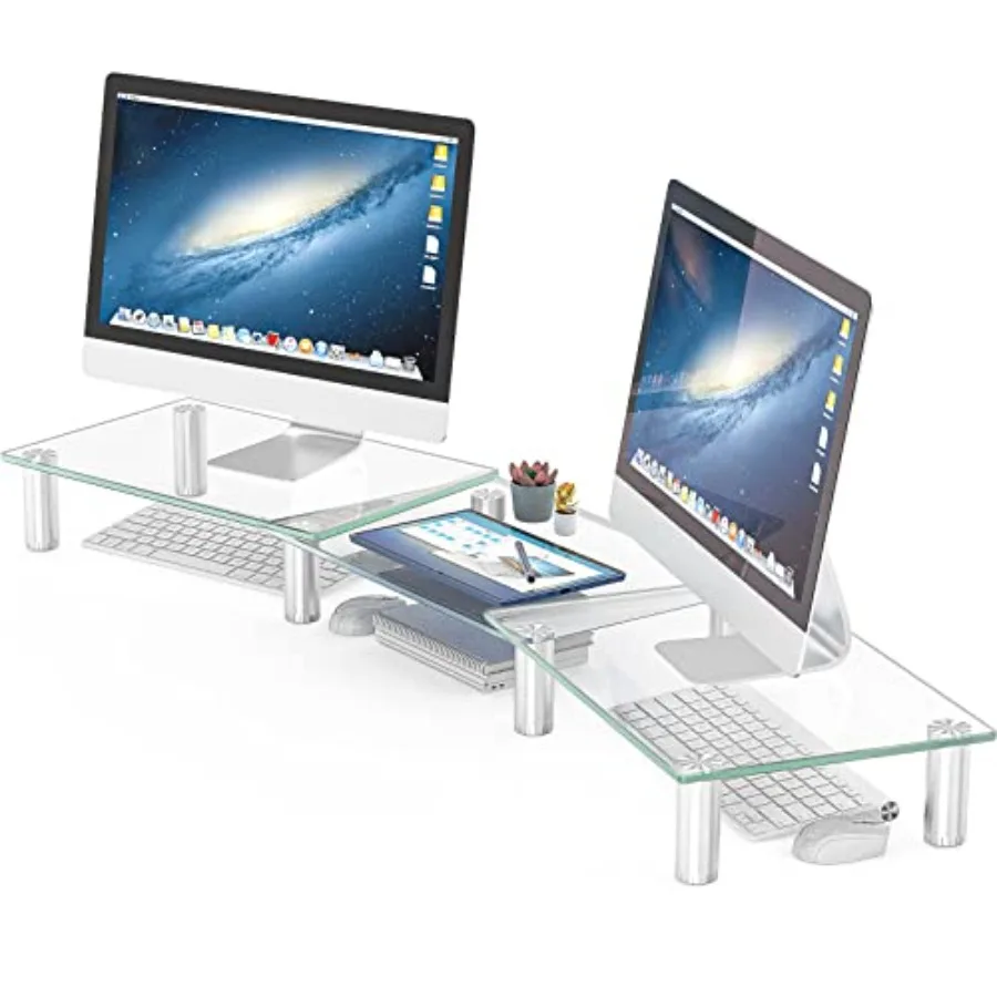 Dual Monitor Stand Adjustable Length and Angle Desktop Organizer for PC Computer Laptop Clear