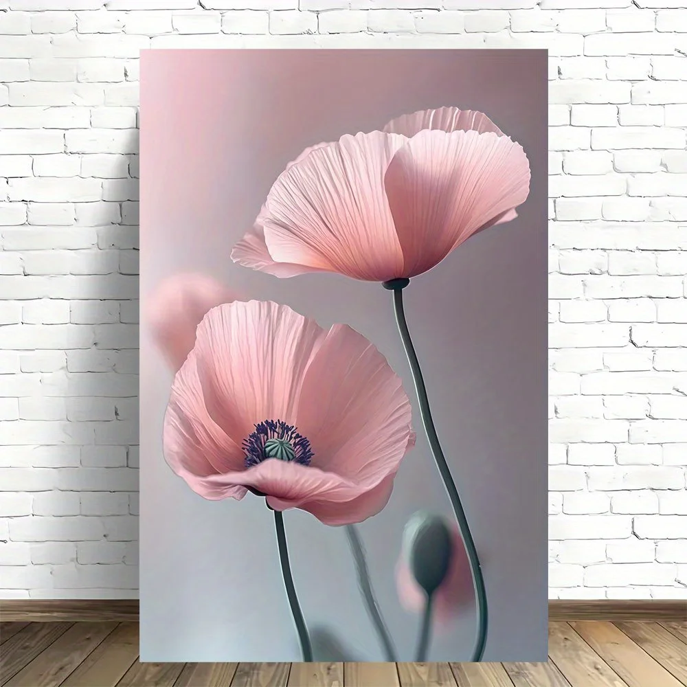 2D Flat 1pc Delicate Pink Poppies Frameless Canvas Art - Soft Focus, Romantic Flower Wall Decor for Home, Office, Bar, Cafe,
