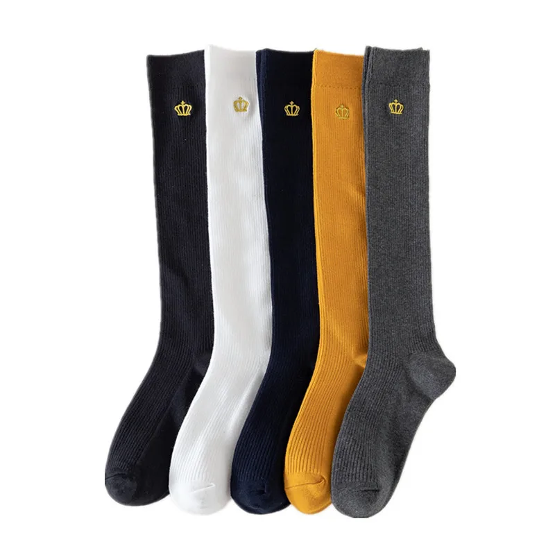 Spring and Autumn combed cotton Embroidery Crown solid color tube knee-high sexy calf socks