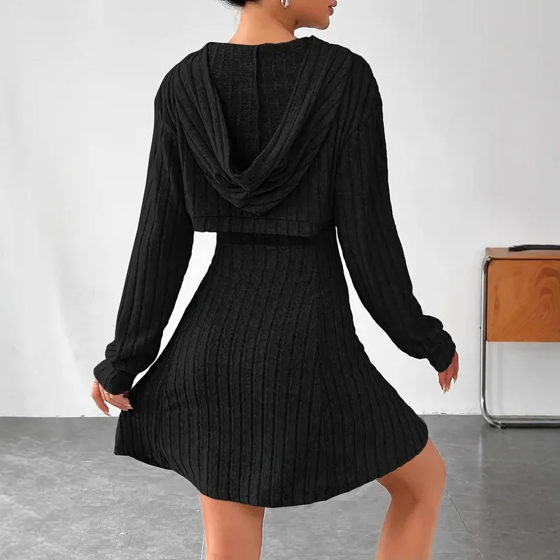 Ensemble de vêtements pour femmes, haut à capuche à manches longues et robe gilet trapèze à col carré sans manches