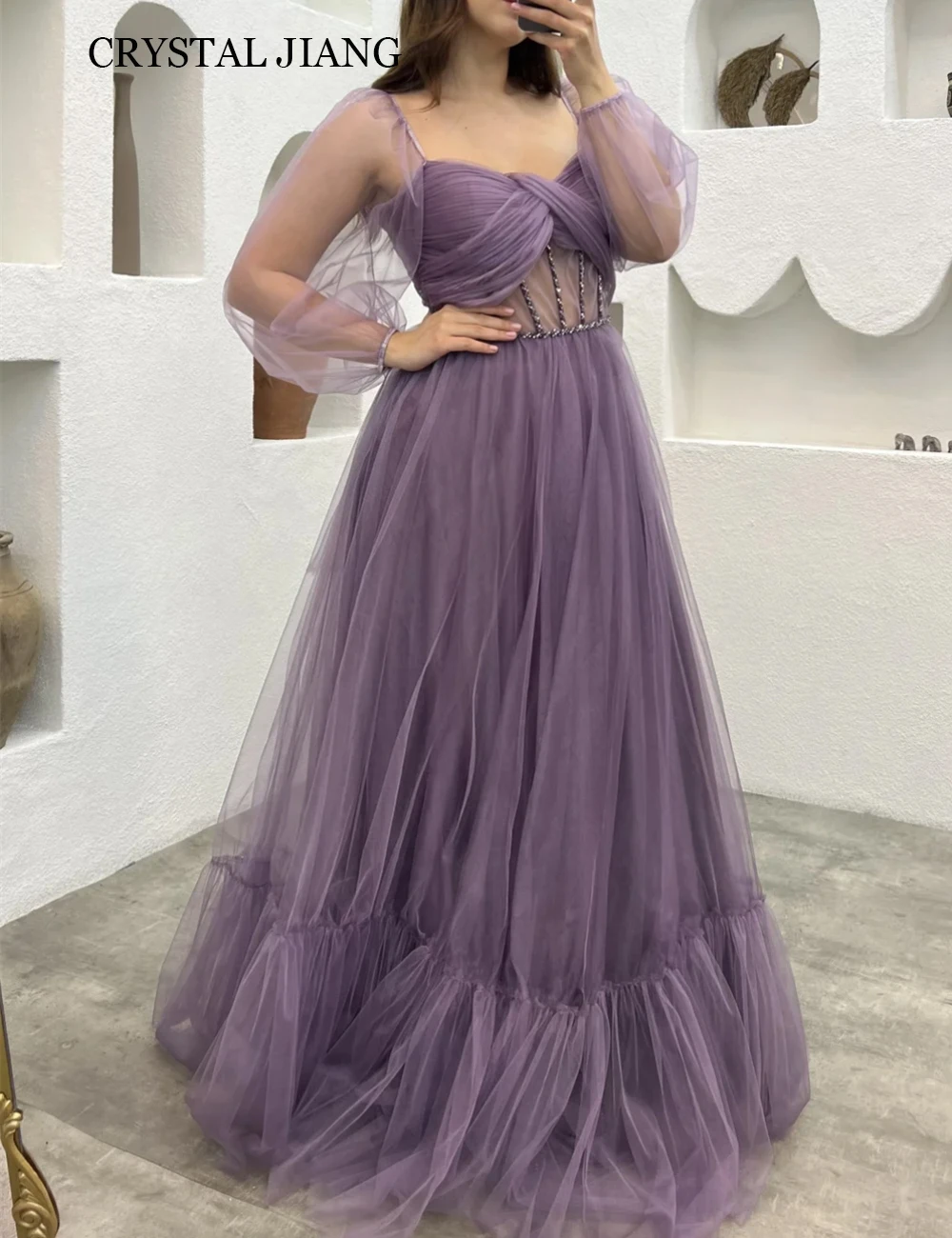 

Vintage Long Square Collar Tulle Prom Dresses Full Sleeves A Line Sweep Train فساتين للمناسبات الخاصة