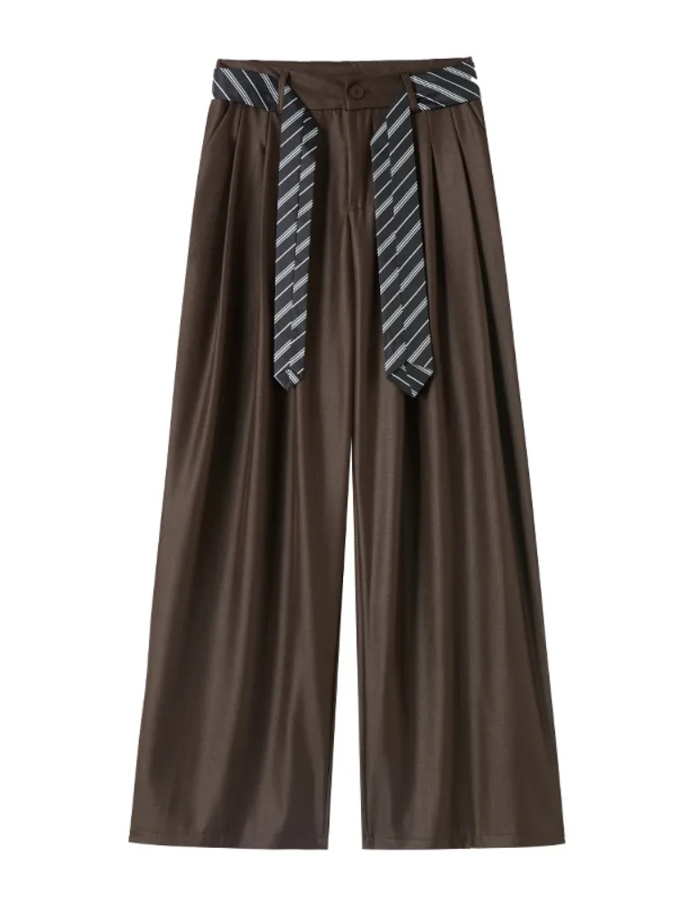 กางเกงขายาวทรงตรงเอวสูงแบบไม่สมมาตร ผ้าหนัง PU ลายทางสไตล์อเมริกัน สำหรับผู้หญิง ฤดูใบไม้ร่วง ฤดูหนาว ทรงหลวม สบายๆ