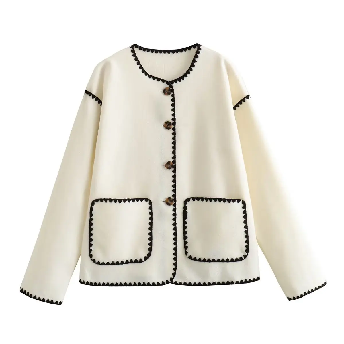 Chic O Neck Women Jacket Single Breasted Big Pocket Cropped Jacket Color Clash Clothes Sweater Ivory Korean Reviews Many Clothes