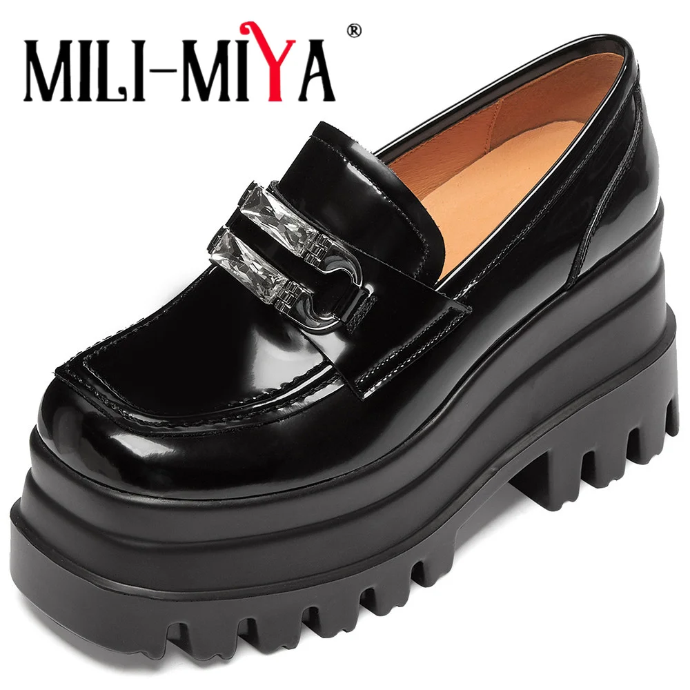 MILI-MIYA Fashion Super High Thick Heels Women Full Genuine Leather Pumps Slip On Platform Solid Color Casual Street Shoes