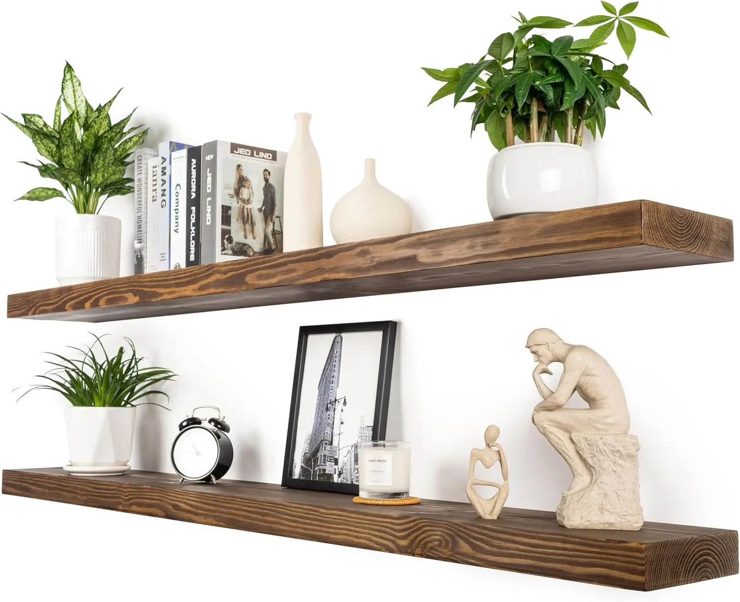 Floating Wall Shelves Set, Deep Solid Wood Wall Mounted Storage Display Rack Organizer For Living Room Bedroom Kitchen, Heavy Duty Invisible Hidden Bracket, Rustic Farmhouse Decor, Walnut, Set Of 2