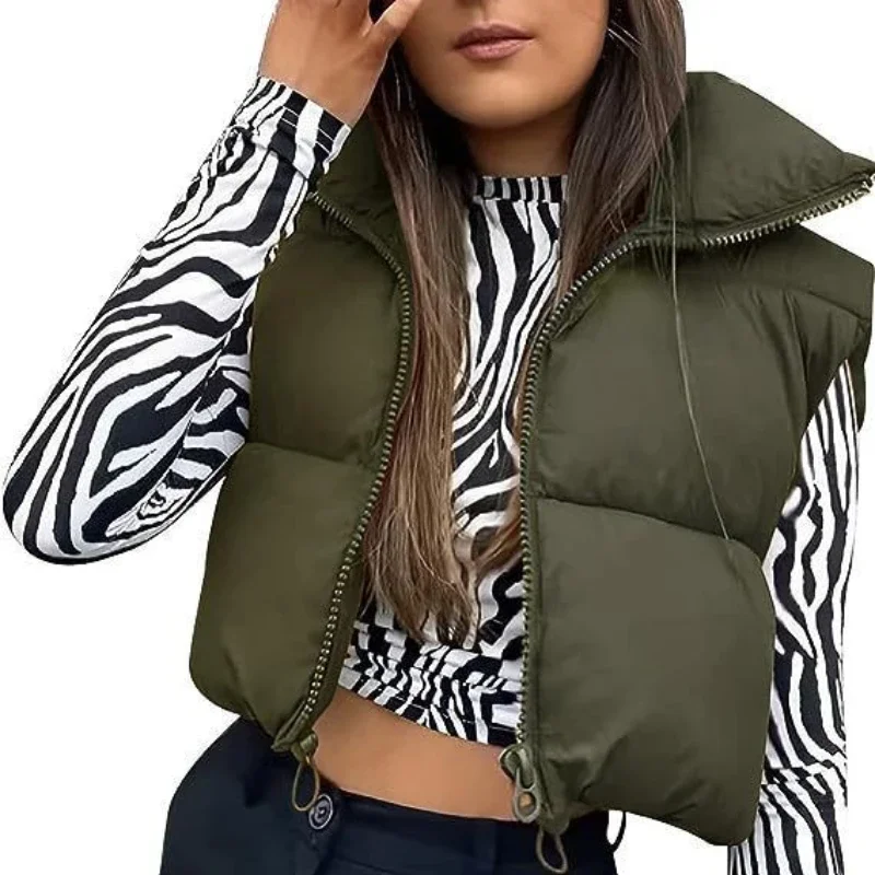 Chaleco de algodón de invierno sin mangas para mujer, chaqueta de plumón ligera, chaleco corto cálido y grueso con cuello levantado para una comodidad elegante