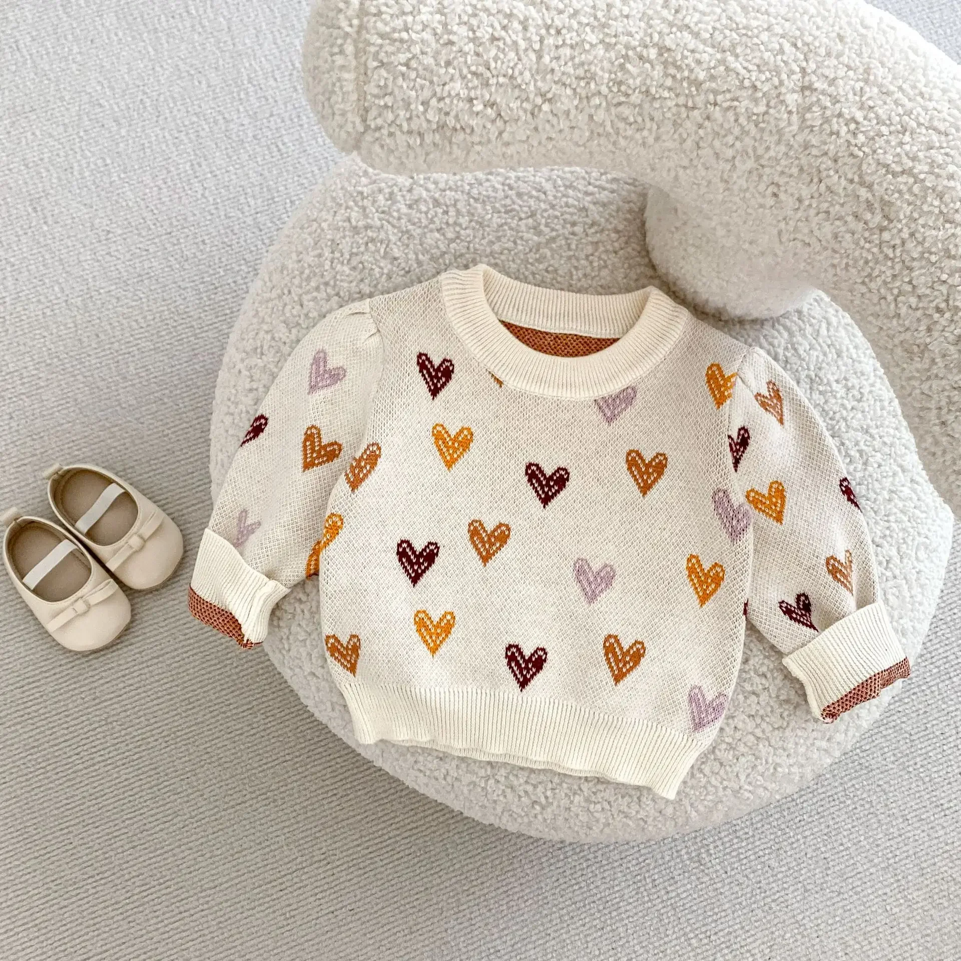 

0-3T Heart Print Baby Girl Sweater Newborn Kid Winter Clothes Long Sleeve Knit Pullover Top Thick Warm Knitwear Outfit