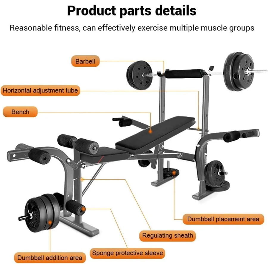 Набор регулируемых весовых скамьев 4 в 1, встроенной стойкой для штанги и многофункциональным дизайном для домашнего тренажерного зала, фитнеса и тренировок.