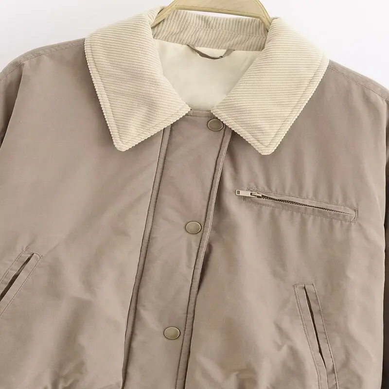 Nowa damska kurtka z długim rękawem, z kołnierzem, z bawełny woskowanej, mieszanka bawełny, kolorowa, odzież wierzchnia, dojazdy do pracy, luźny krój, zapinana na zamek.