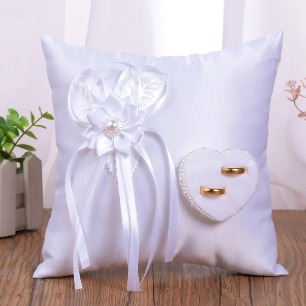 Polyester Wedding Ring Pillow Ribbon Decoration Handmade Bridal Ring Cushion Camellia Detail Heart Shaped Decor