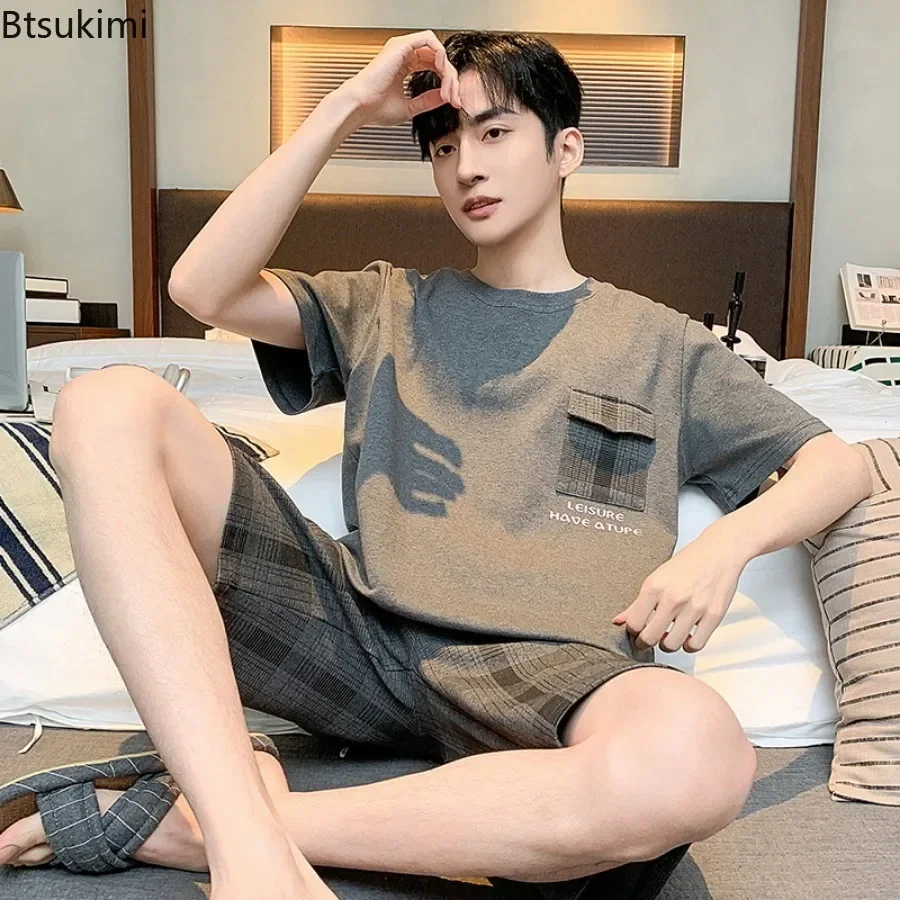 2025 Summer Thin Cotton Lounge Pajamas Sets Men's Fashion Striped Plaid Homewear Two Pieces Sets Short-sleeved Tops with Shorts