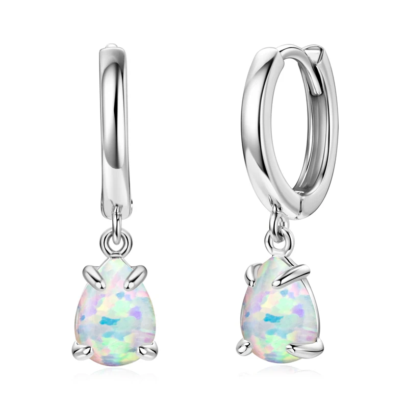 

Classic 925 Sterling Silver Women Hoop Earring Fashion Pear Shape 6x8mm White Opal Waterdrop Earrings for Ladies Jewelry Gift