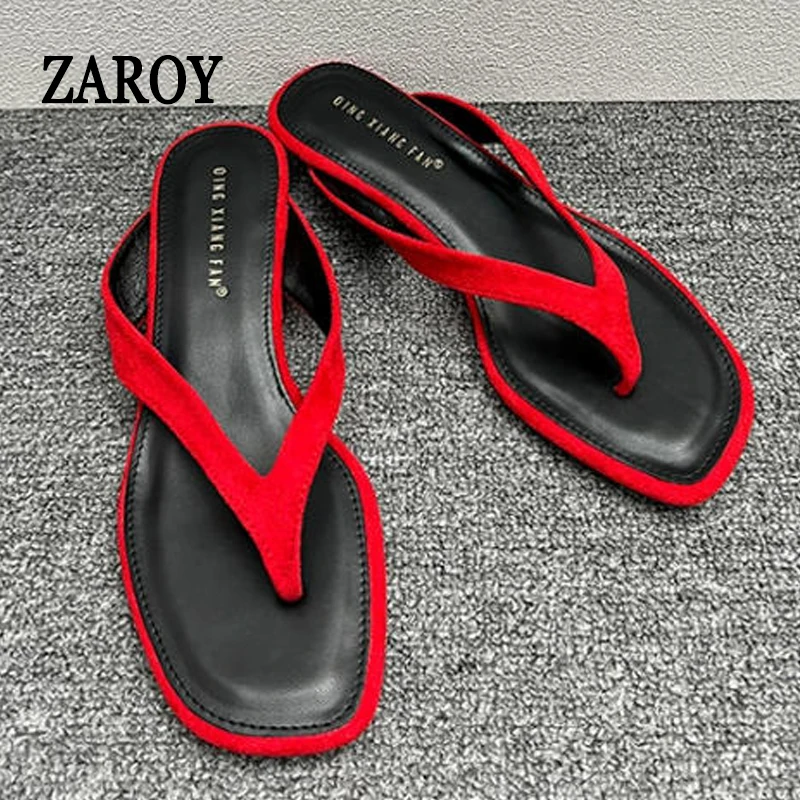 Luxury Designer Women's Flip Flops Slippers Red Suede Square Toe Sandals Low Wedge Heel Clip Toe Beach Slides Casual Mules Thong
