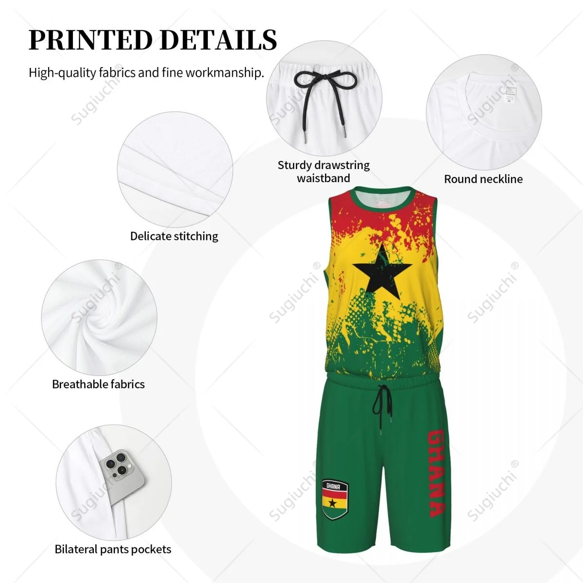 Team-Up Ghana Flag Graan Heren Basketbal Jersey Set Shirt & Broek Mouwloze Aangepaste Naam Nunber Exclusief