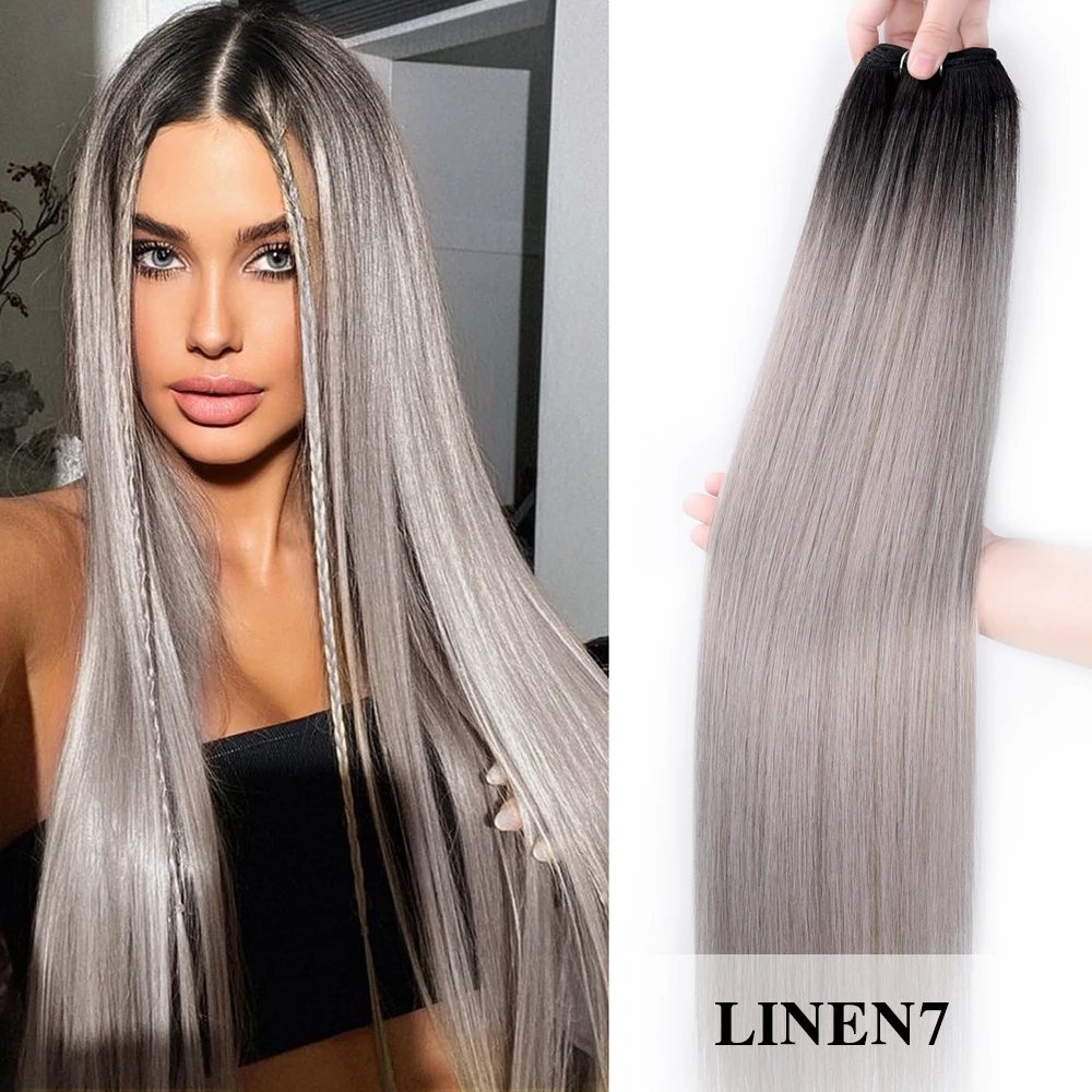 Extensiones de mechones de pelo liso biológico de 26 ", pelo liso ombré marrón tejido, mechones de pelo liso sintético completo hasta el extremo para mujeres