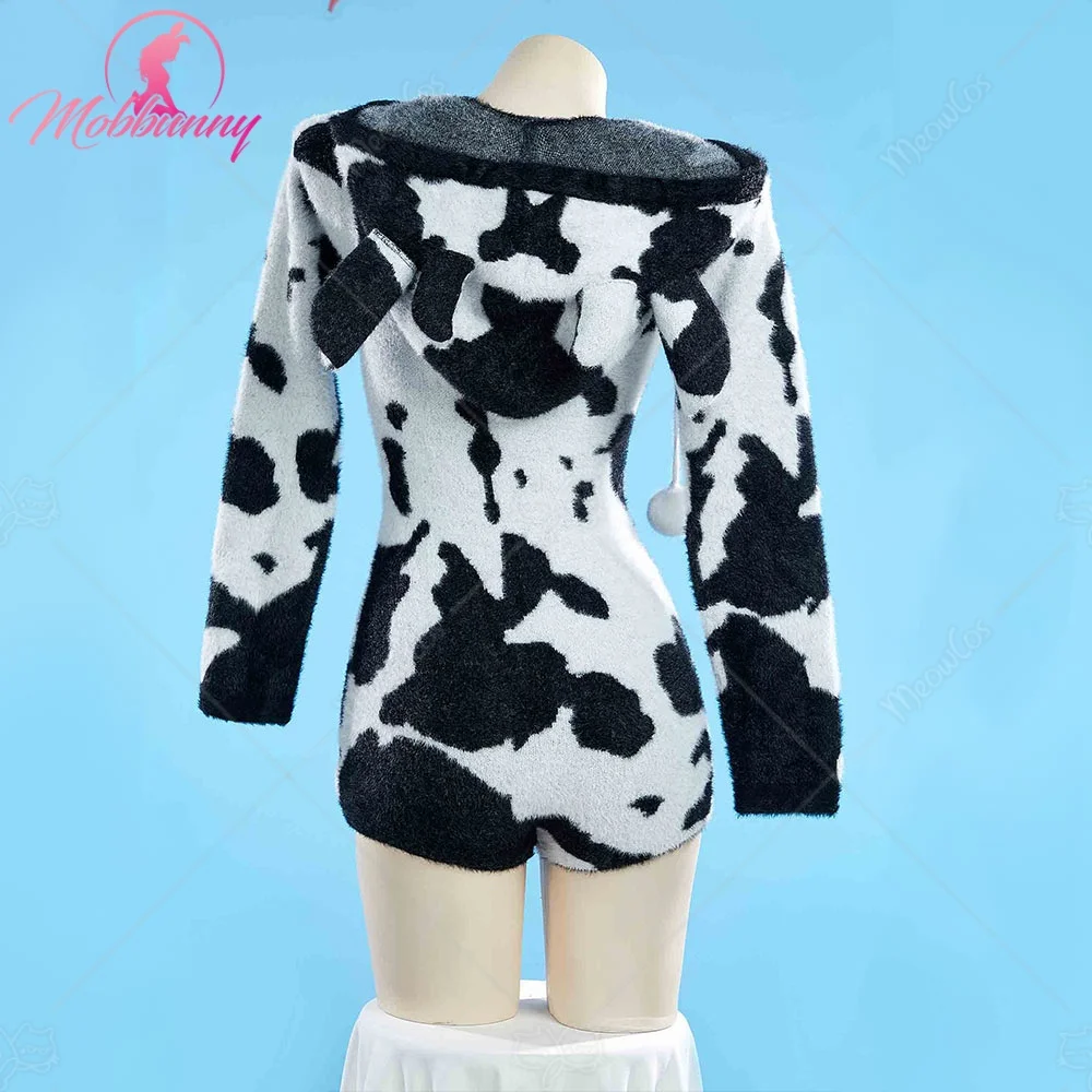 US Stock Mobbunny Women Sexy Lingerie Fluffy Homewear Bodycon Romper Black and White Cow Pattern Hooded Bodysuit view 3