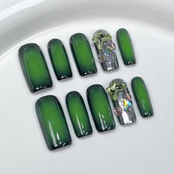10Pcs Green Gradient Handmade False Nails Press On Y2K Nail Tips Wearable Colored Aurora Diamond Design Fake Nails Long Ballet