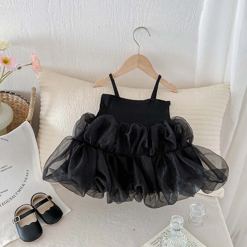 2024 Summer Girls Clothes Kid\'s Black Mesh Sling Puffy Dresses Children\'s Patchwock Gown Princess Dress 1-5 Y