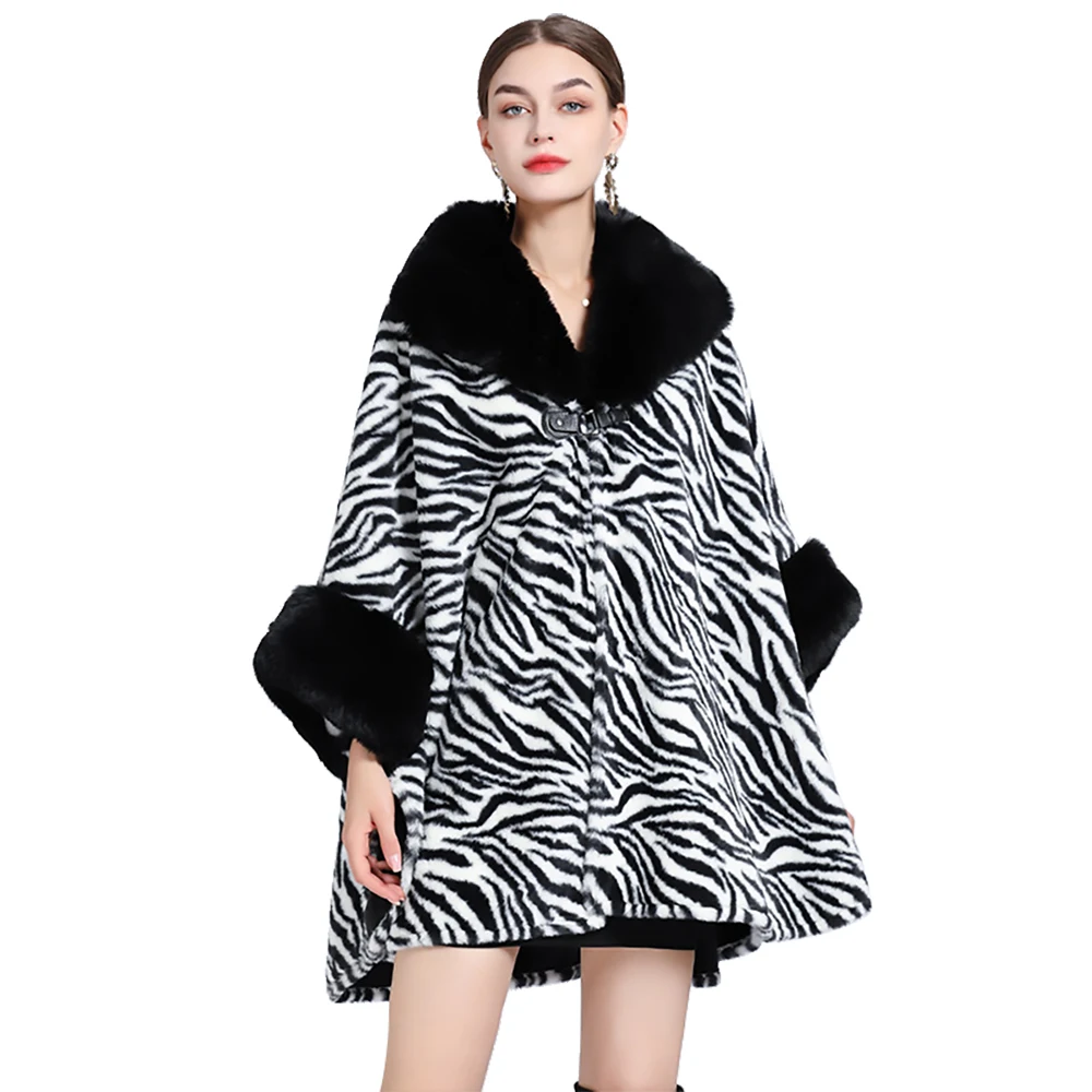 Women Rex Rabbit Faux Fur Shawl Lady Luxury Leopard Overcoat Fall Winter Keep Warm Fleece Lining Wrap Sexy Cloak Zebra Greatcoat