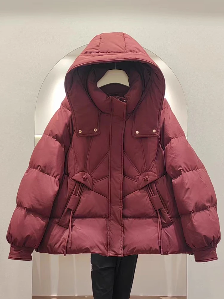Korean style women's short hooded thick down jacket fashionable design button closure white duck down winter jacket