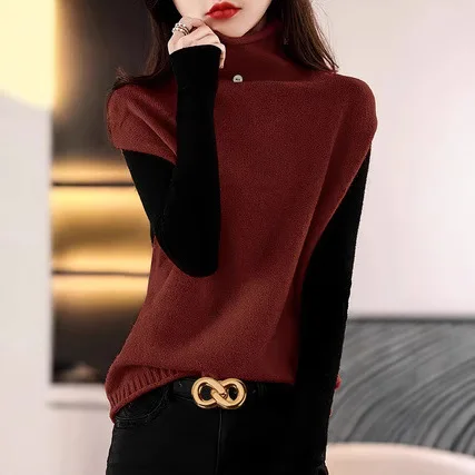 

Трансграничная бестселлерная весенне-осенняя свободная трикотажная майка с высоким воротником и пуговицами для похудения, модная художественная ретро-с...