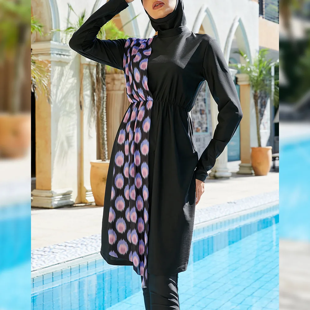 Muslim Women Long Swimwear Burkinis Islamic Full Cover Swimsuits 3 Pieces Print Patchwork Modest Swimming Bathing Surfing Wear