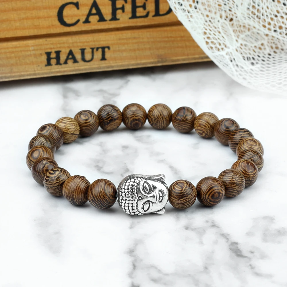 Vintage 8 10 12mm Wooden Beads Bracelet Charm Buddha Head Prayer Stretch Bangles Men Buddhist Bracelets Women Yoga Wrist Jewelry