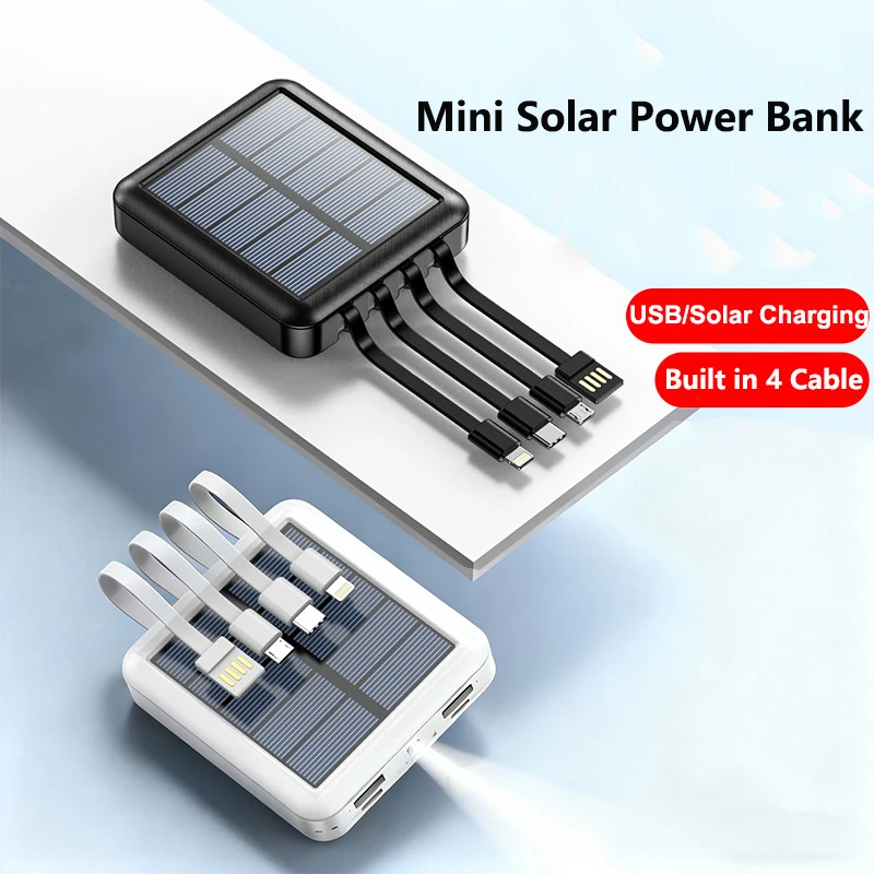 Mini banco de energía Solar de 20000mAh con Cables, cargador portátil ligero, batería externa para iPhone 16, Samsung, Huawei, Xiaomi