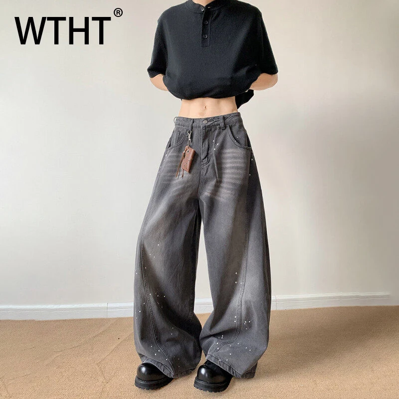 

WTHT Fashion Men's Gradient Graffiti Do Old Design Denim Pants Vintage 2025 Summer Casual Loose Straight Jeans Male 2A1235