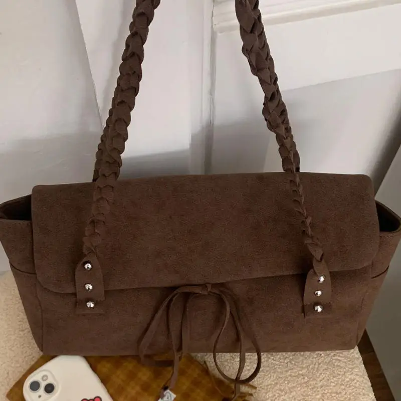 

Korean Brand Faux Suede Women Shoulder Bag Retro Braided Rope Shoulder Strap Tote Bag Fashion Elegant Large Capacit Underarm Bag